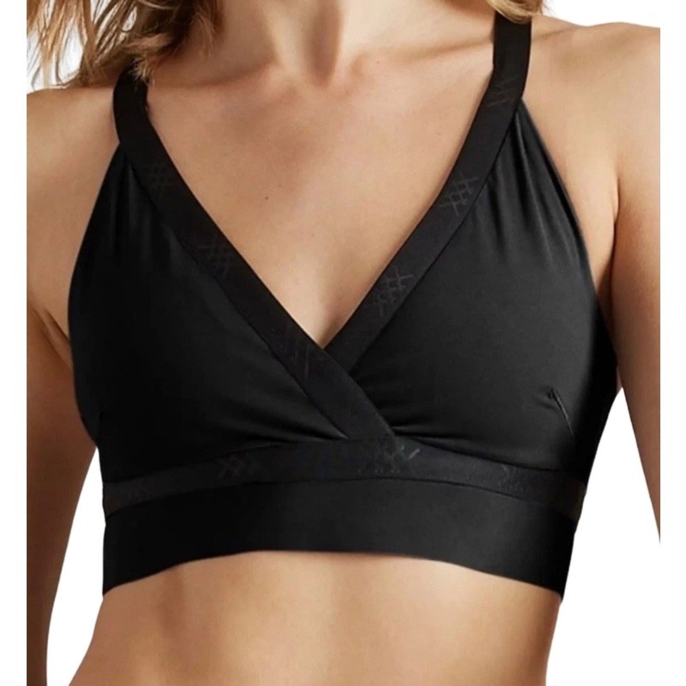 RHONE XS Banded Luxform Bra Black Wrap V-Neck Strappy Activewear Sports Bra
